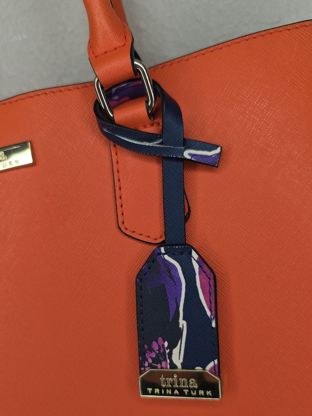 Trina Turk Orange Saffiano Satchel Bag Medium Floral Interior Vibrant Bold Autum - Picture 3 of 15
